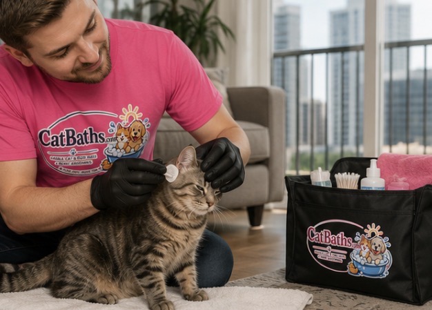 CatBaths.com technician gently cleaning a tabby cat's ears inside the owner's home